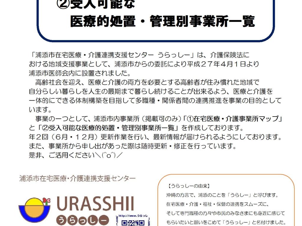 【令和８年６月更新】「在宅医療・介護事業所マップ」「受入可能な医療的処置・管理別事業所一覧」のご案内